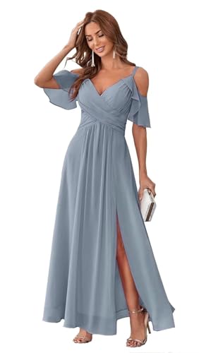 HUINI Chiffon Brautjungfernkleid Lang Kalte-Schulter Elegant Abendkleid A-Linie Ballkleid für Damen Schmutzigblau 40 von HUINI