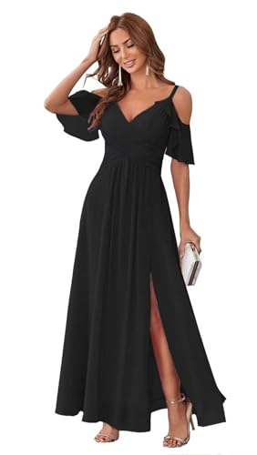 HUINI Chiffon Brautjungfernkleid Lang Kalte-Schulter Elegant Abendkleid A-Linie Ballkleid für Damen Schwarz 42 von HUINI