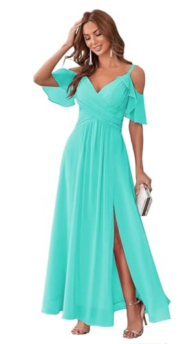 HUINI Chiffon Brautjungfernkleid Lang Kalte-Schulter Elegant Abendkleid A-Linie Ballkleid für Damen Türkis 38 von HUINI