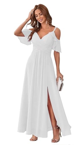 HUINI Chiffon Brautjungfernkleid Lang Kalte-Schulter Elegant Abendkleid A-Linie Ballkleid für Damen Weiß 52 von HUINI
