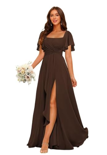 HUINI Chiffon Brautjungfernkleid Lang mit Schlitz Abendkleid Hochzeitsgast Kleid mit Ärmel Braun 42 von HUINI