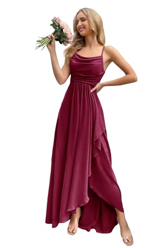HUINI Chiffon Brautjungfernkleid Lang mit Schlitz Schlicht Hochzeit Partykleid für Damen Burgund 36 von HUINI