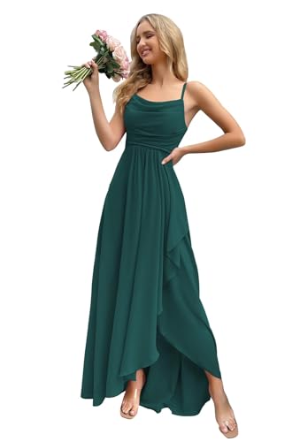 HUINI Chiffon Brautjungfernkleid Lang mit Schlitz Schlicht Hochzeit Partykleid für Damen Pfau 36 von HUINI