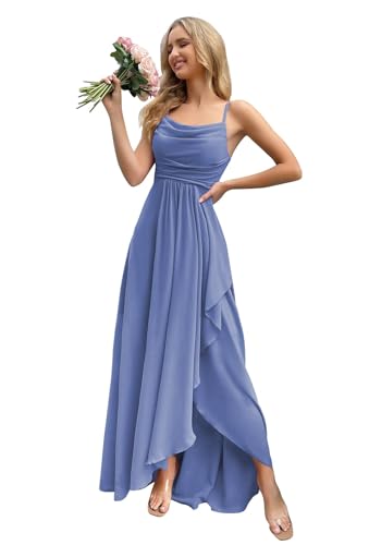 HUINI Chiffon Brautjungfernkleid Lang mit Schlitz Schlicht Hochzeit Partykleid für Damen Taubenblau 36 von HUINI