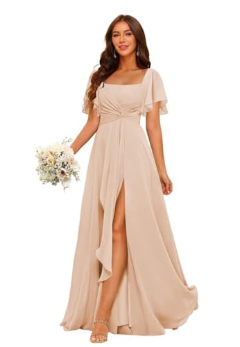 HUINI Chiffon Brautjungfernkleider Rüschenärmel Falten Hochzeit Partykleid mit Schlitz Orangerot 32 von HUINI