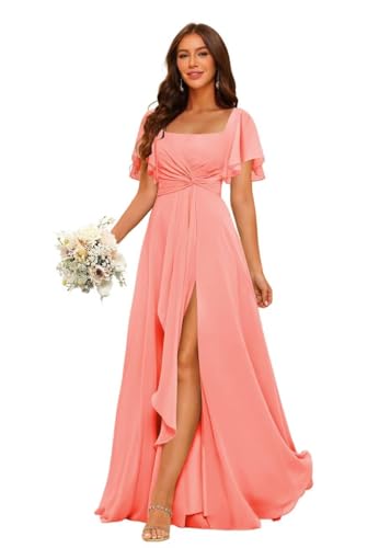 HUINI Chiffon Brautjungfernkleider mit Schlitz Lang Quadratausschnitt Ballkleid für Hochzeit Koralle 38 von HUINI