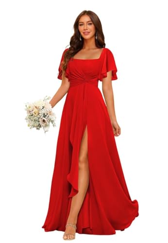 HUINI Chiffon Brautjungfernkleider mit Schlitz Lang Quadratausschnitt Ballkleid für Hochzeit Rot 38 von HUINI