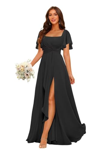 HUINI Chiffon Brautjungfernkleider mit Schlitz Lang Quadratausschnitt Ballkleid für Hochzeit Schwarz 38 von HUINI