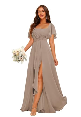 HUINI Chiffon Brautjungfernkleider mit Schlitz Lang Quadratausschnitt Ballkleid für Hochzeit Taupe 38 von HUINI