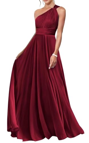 HUINI Chiffon EIN-Schulter Brautjungfernkleid für Hochzeit A-Linie Falten Empire Taille Ballkleid Burgund 42 HUINI Chiffon EIN-Schulter Brautjungfernkleid für Hochzeit A-Linie Falten Empire Taille Ballkleid Burgund 42 von HUINI