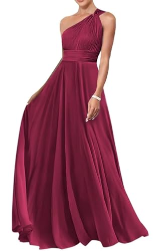 HUINI Chiffon EIN-Schulter Brautjungfernkleid für Hochzeit A-Linie Falten Empire Taille Ballkleid Kirschrot 44 von HUINI