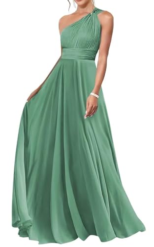 HUINI Chiffon EIN-Schulter Brautjungfernkleid für Hochzeit A-Linie Falten Empire Taille Ballkleid Salbeigrün 44 von HUINI