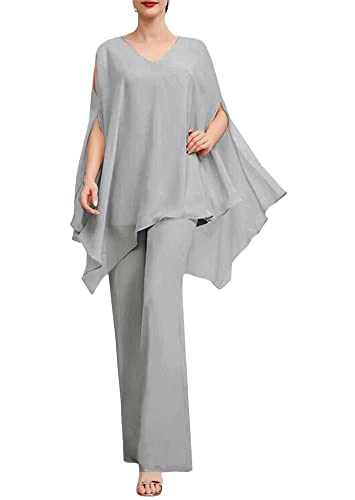 HUINI Chiffon Hosenanzug für Damen Zweiteilig Brautmutterkleid V-Ausschnitt Formell Hochzeit Gast Kleid Silber 44 von HUINI