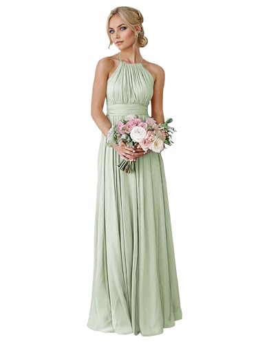 HUINI Chiffon Lang Brautjungfer Kleid - Neckholder A-Linie Abendkleid Ballkleid Elegant für Hochzeit Übergröße Hell Salbei A 36 von HUINI