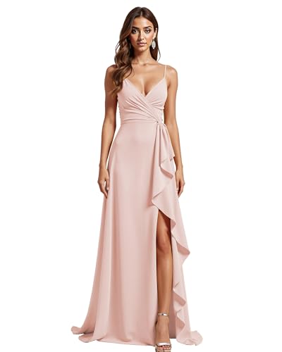 HUINI Chiffon Lang Brautjungfernkleider Spaghettiträger A-Linie Hochzeit Partykleid mit Schlitz Altrosa 38 von HUINI