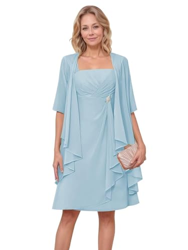 HUINI Chiffon Mutter der Braut Kleid mit Ärmel 2025 Formales 2-Teiler Abendkleid mit Jacke Hellblau 50 von HUINI