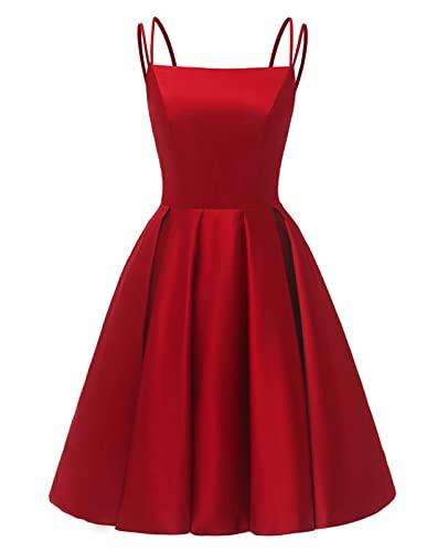 HUINI Cocktailkleid Knielang Satin Ballkleid Glitzer A-Linie Abiballkleid für Damen Sexy Rückenfrei Partykleid Rot 44 von HUINI