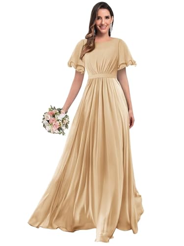 HUINI Cowl Neck Chiffon Kurze Ärmel Brautjungfernkleider Rüschen Langes Formelles Kleid Champagner 50 von HUINI