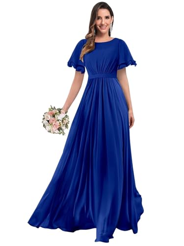 HUINI Cowl Neck Chiffon Kurze Ärmel Brautjungfernkleider Rüschen Langes Formelles Kleid Königsblau 52 von HUINI