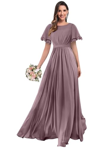 HUINI Cowl Neck Chiffon Kurze Ärmel Brautjungfernkleider Rüschen Langes Formelles Kleid Mauve 40 von HUINI