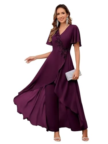 HUINI Damen 2 Teiler Mutter der Braut Hosenanzüge Chiffon Kurzarm V-Ausschnitt Hosen Set Traube 38 von HUINI
