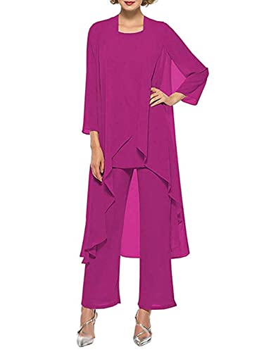 HUINI Damen Abendkleid 3 Stück Chiffon Hochzeit Gast Kleid Langarm Brautmutter Hosenanzug mit Jacke Outfit Anzug Set Fuchsie 46 von HUINI