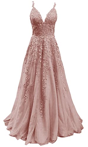 HUINI Damen Abendkleid Lang A-Linie Ballkleid Spitzen Hochzeit Brautkleid Prinzessin Glitzer Abiballkleid Ärmellose Altrosa 38 von HUINI