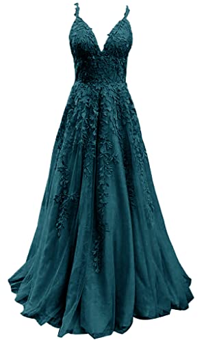 HUINI Damen Abendkleid Lang A-Linie Ballkleid Spitzen Hochzeit Brautkleid Prinzessin Glitzer Abiballkleid Ärmellose Pfau 46 von HUINI