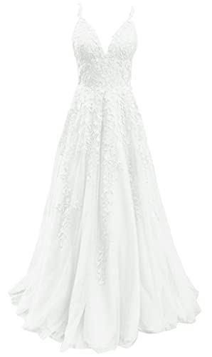 HUINI Damen Abendkleid Lang A-Linie Ballkleid Spitzen Hochzeit Brautkleid Prinzessin Glitzer Abiballkleid Ärmellose Weiß 48 von HUINI