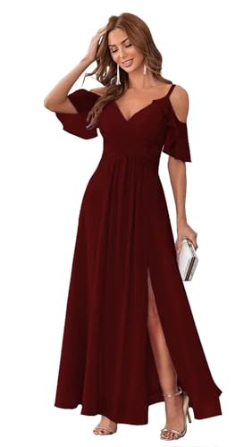 HUINI Damen Abendkleid Lang Chiffon A-Linie Ballkleid für Hochzeit Gäst Schlicht Brautjungfernkleid mit Schlitz Dunkel rot 40 von HUINI