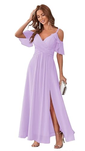 HUINI Damen Abendkleid Lang Chiffon A-Linie Ballkleid für Hochzeit Gäst Schlicht Brautjungfernkleid mit Schlitz Lila 40 von HUINI