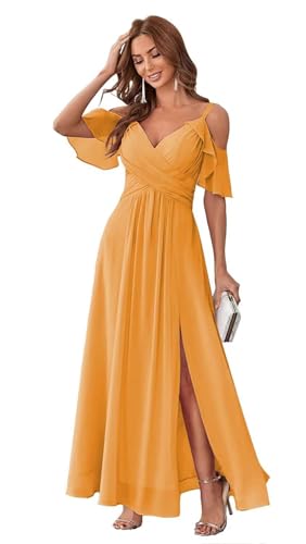 HUINI Damen Abendkleid Lang Chiffon A-Linie Ballkleid für Hochzeit Gäst Schlicht Brautjungfernkleid mit Schlitz Orange 40 von HUINI