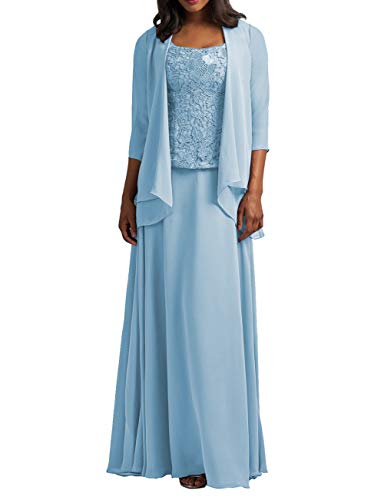 HUINI Damen Abendkleid Lang Chiffon Brautmutterkleid mit Jacke Elegant Ballkleid für Hochzeit Formell Festkleid Hell blau 50 von HUINI