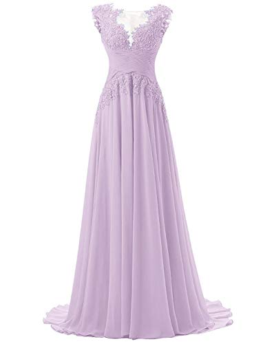 HUINI Damen Abendkleid Lang Chiffon Hochzeitsgast Kleid A-Linie Spitzen Ballkleid Elegant für Hochzeit Lila 36 von HUINI