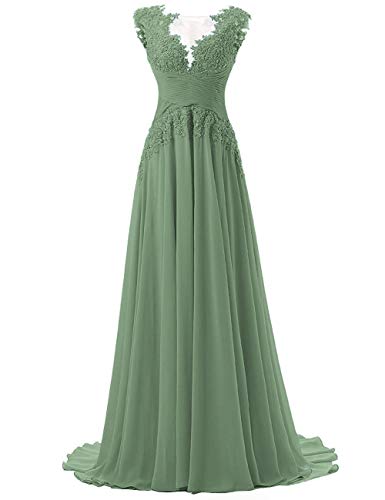 HUINI Damen Abendkleid Lang Chiffon Hochzeitsgast Kleid A-Linie Spitzen Ballkleid Elegant für Hochzeit Salbeigrün 38 von HUINI