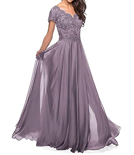 HUINI Damen Abendkleid Lang Spitzen Ballkleid Hochzeitskleid für Gast V-Ausschnitt Kurzarm Festkleid Grau-violett 46 von HUINI