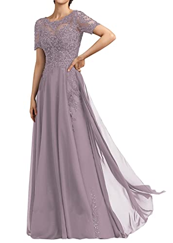 HUINI Damen Abendkleid Lang Spitzen Brautmutterkleid mit Ärmel Chiffon A-Linie Elegant Hochzeit Gast Kleid Mauve 46 von HUINI