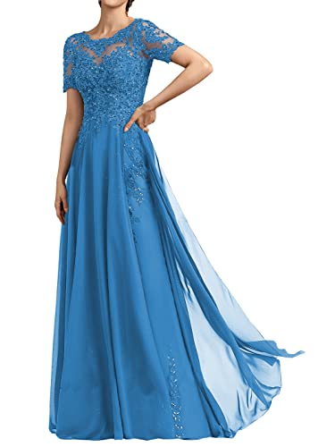 HUINI Damen Abendkleid Lang Spitzen Brautmutterkleid mit Ärmel Chiffon A-Linie Elegant Hochzeit Gast Kleid Meerblau 46 von HUINI