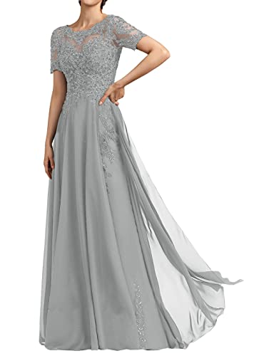 HUINI Damen Abendkleid Lang Spitzen Brautmutterkleid mit Ärmel Chiffon A-Linie Elegant Hochzeit Gast Kleid Silber 46 von HUINI