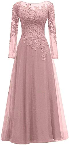 HUINI Damen Abendkleid Lang Tüll Ballkleid mit Ärmel Hochzeitskleid Standesamt A-Linie Spitzen Festkleid Altrosa 40 von HUINI
