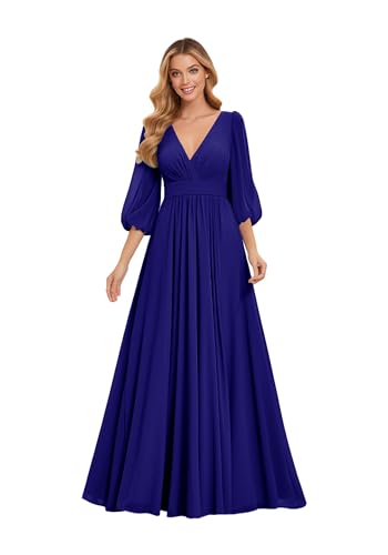 HUINI Damen Abendkleid Lang - V-Ausschnitt 3/4 Ärmel Chiffon A-Linie Brautjungfer Kleid für Hochzeit Königsblau 54 von HUINI