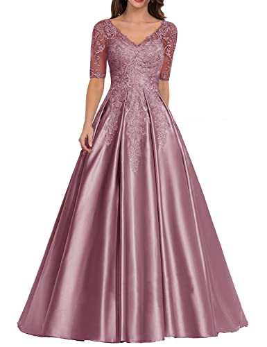 HUINI Damen Abendkleid Satin Lang Ballkleid Elegant für Hochzeit V-Ausschnitt Spitzen Brautmutterkleid mit Ärmel Altrosa 38 von HUINI