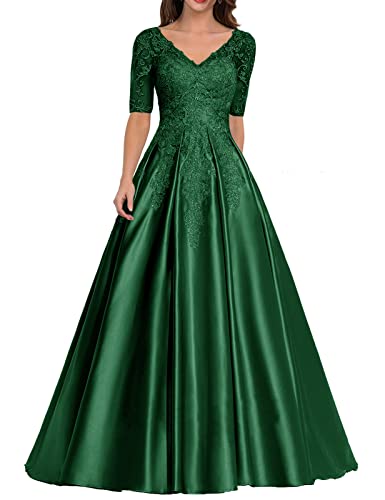 HUINI Damen Abendkleid Satin Lang Ballkleid Elegant für Hochzeit V-Ausschnitt Spitzen Brautmutterkleid mit Ärmel Dunkel grün 44 von HUINI