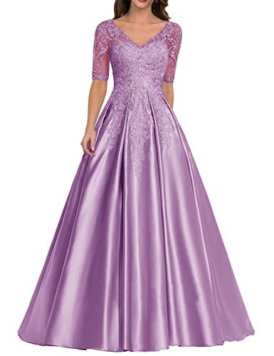 HUINI Damen Abendkleid Satin Lang Ballkleid Elegant für Hochzeit V-Ausschnitt Spitzen Brautmutterkleid mit Ärmel Flieder 50 von HUINI