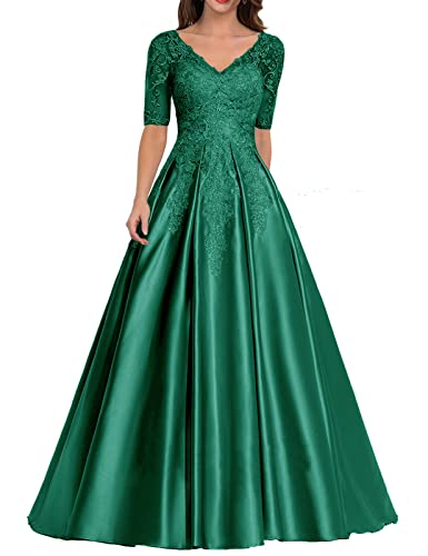 HUINI Damen Abendkleid Satin Lang Ballkleid Elegant für Hochzeit V-Ausschnitt Spitzen Brautmutterkleid mit Ärmel Grün 44 von HUINI