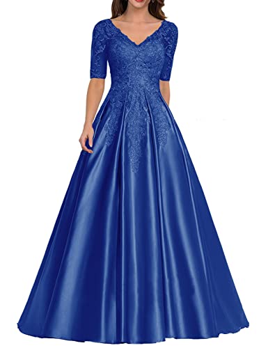 HUINI Damen Abendkleid Satin Lang Ballkleid Elegant für Hochzeit V-Ausschnitt Spitzen Brautmutterkleid mit Ärmel Königsblau 44 von HUINI