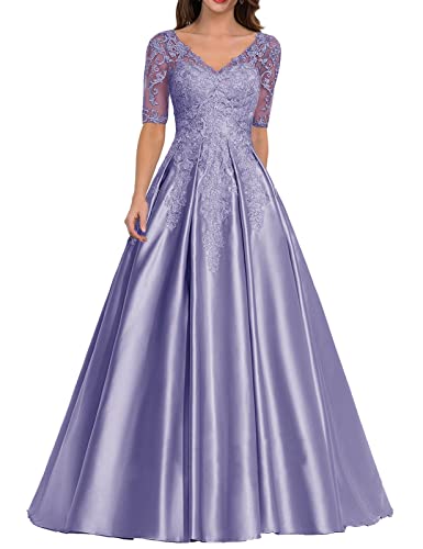 HUINI Damen Abendkleid Satin Lang Ballkleid Elegant für Hochzeit V-Ausschnitt Spitzen Brautmutterkleid mit Ärmel Lavendel 38 von HUINI