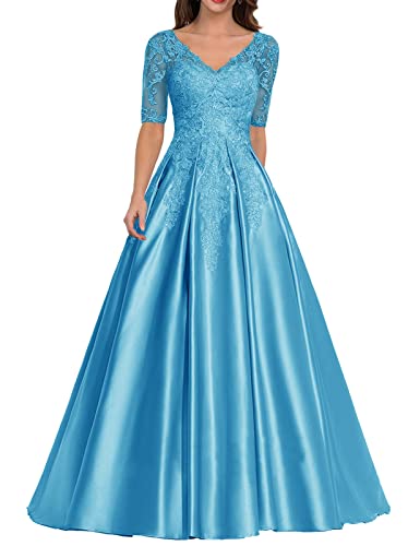 HUINI Damen Abendkleid Satin Lang Ballkleid Elegant für Hochzeit V-Ausschnitt Spitzen Brautmutterkleid mit Ärmel Meerblau 44 von HUINI