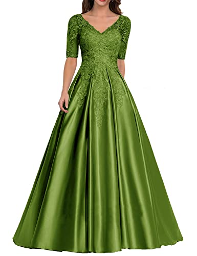 HUINI Damen Abendkleid Satin Lang Ballkleid Elegant für Hochzeit V-Ausschnitt Spitzen Brautmutterkleid mit Ärmel Oliv 38 von HUINI