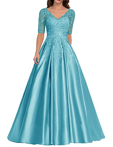 HUINI Damen Abendkleid Satin Lang Ballkleid Elegant für Hochzeit V-Ausschnitt Spitzen Brautmutterkleid mit Ärmel Pool 44 von HUINI